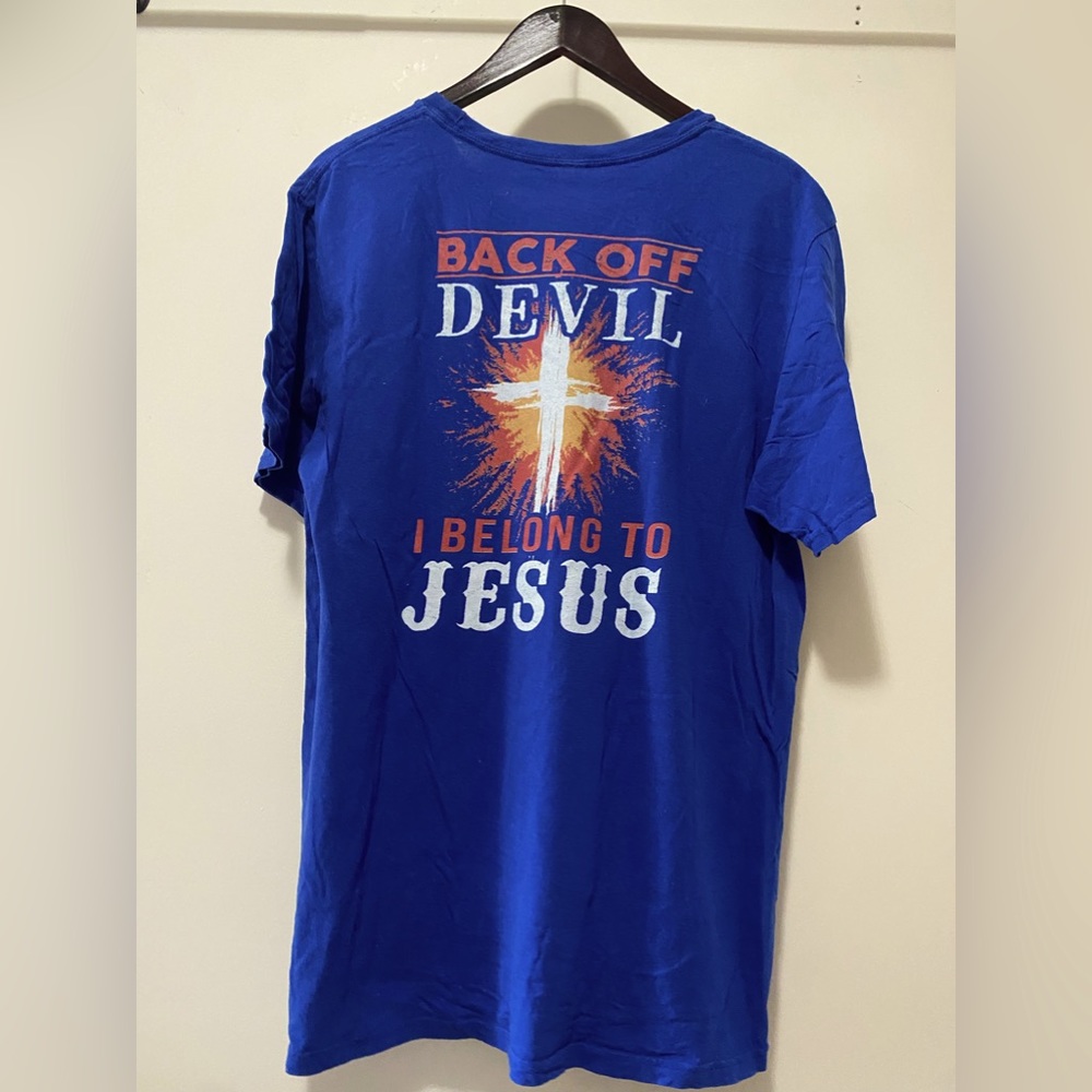Vintage back print T-shirt - Back off devil I belong to Jesus - Royal Blue
